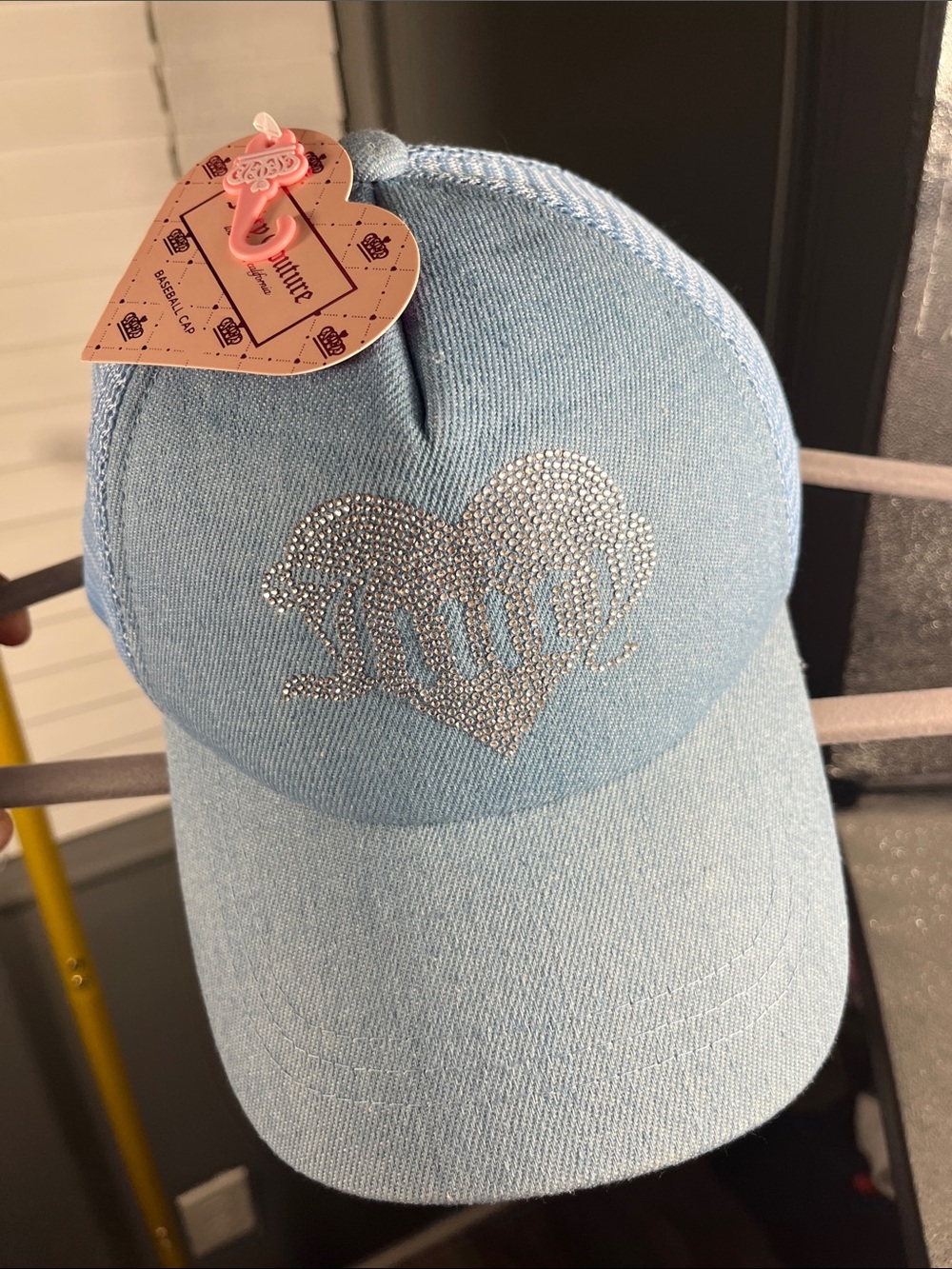Juicy Couture Light Blue Denim Cap with Rhinestone Heart Logo
